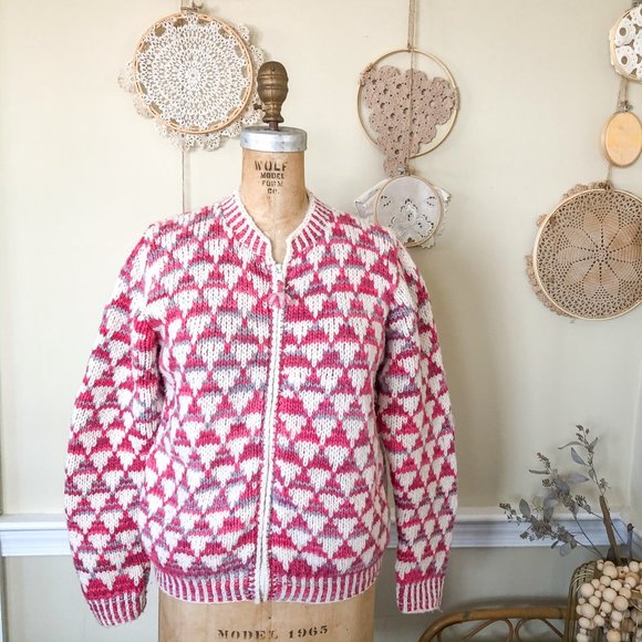 Vintage Sweaters - Hand Knit Pink Wool Graphic Sweater Cropped Jacket